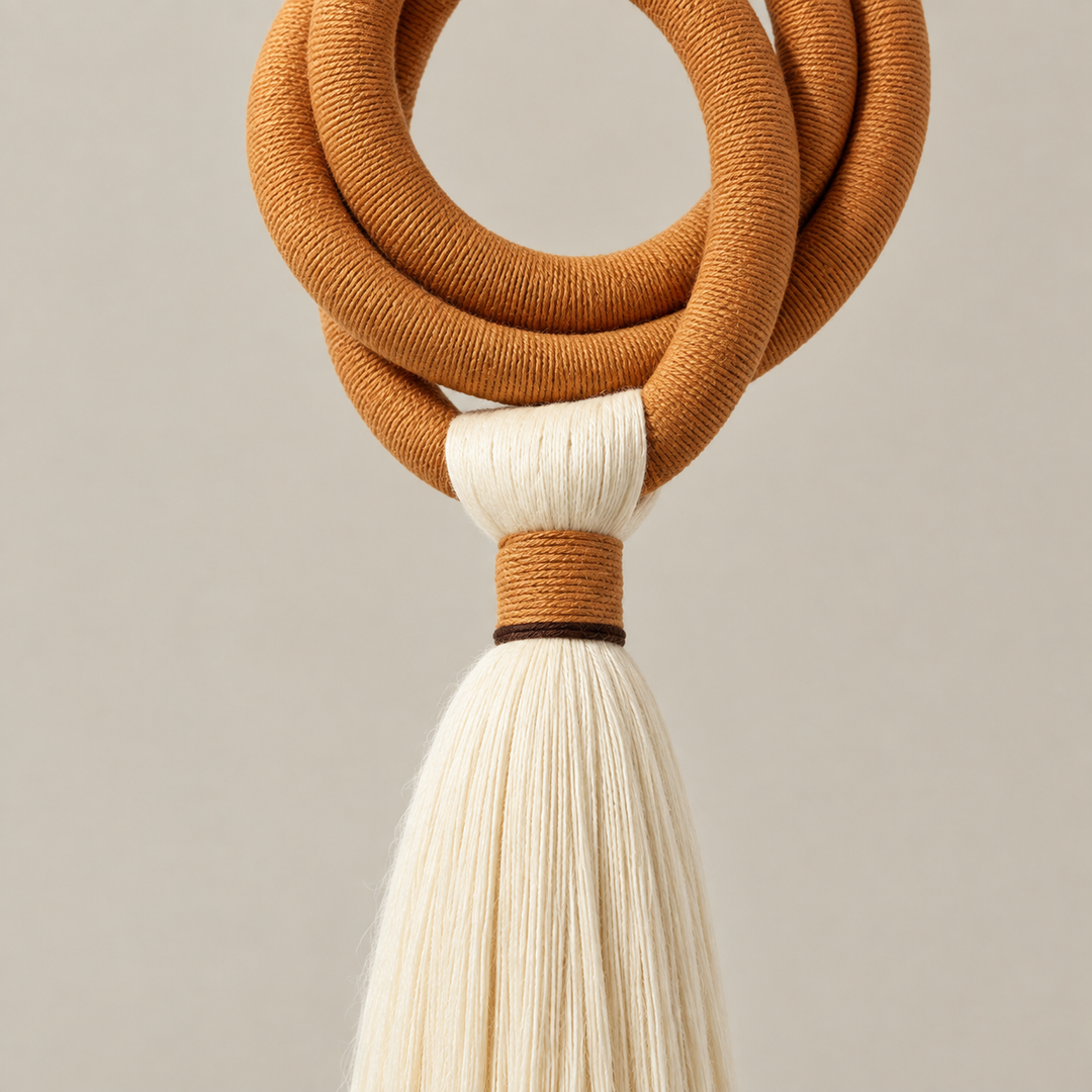 Macro of the coiled ring and the bound tassel head, terracotta ring and long tassel