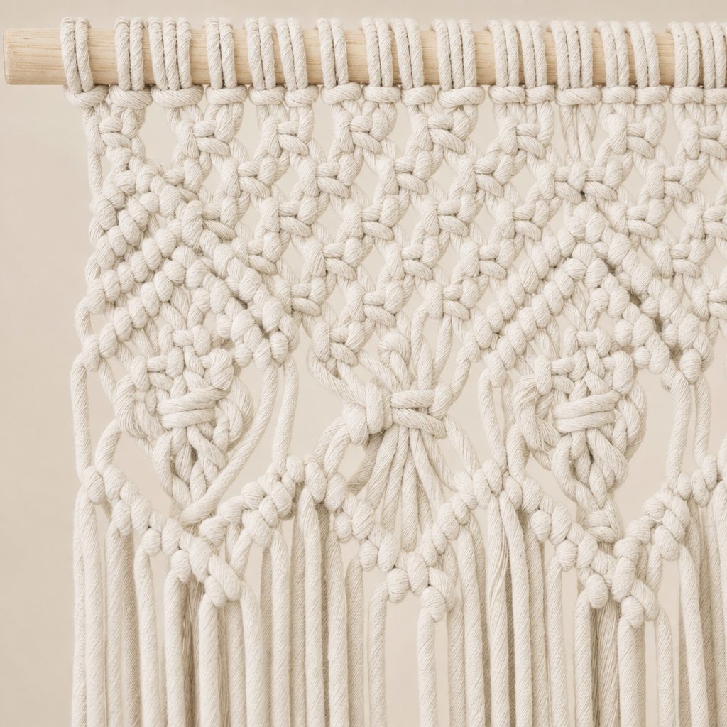 Close view of the cord and knotwork on the Macrame Door Curtain, 90 x 180 cm or 100 x 200 cm