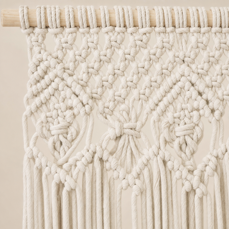 Cream macrame wall hanging with intricate woven geometric patterns on a light wood dowel, shown against a warm beige background.