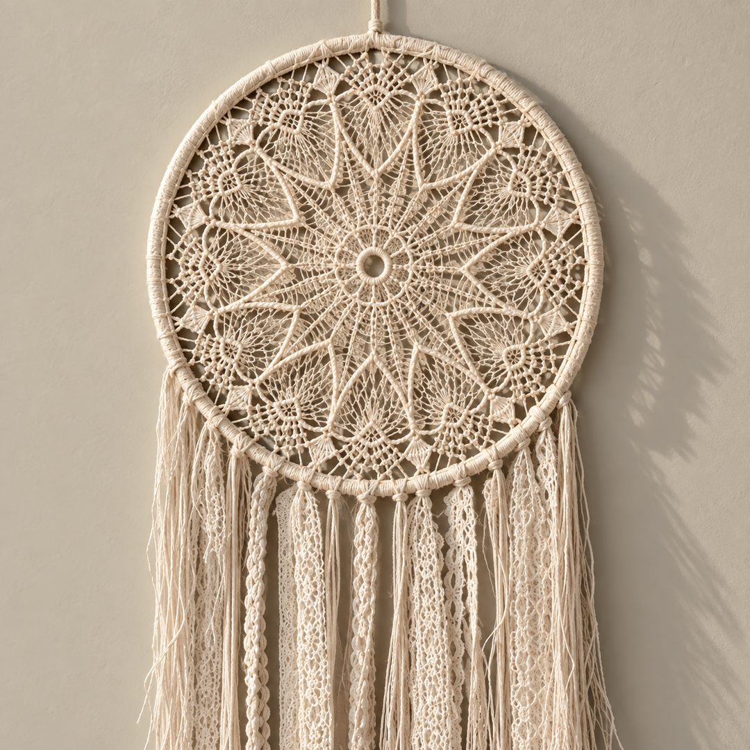 Macro of the cream mandala showing the crochet rings, hoop, moon or eye triangle
