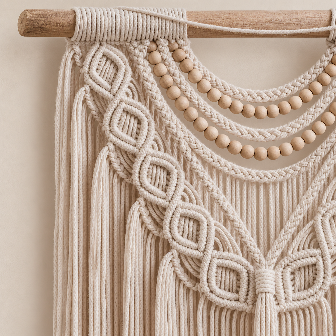 Close view of the wooden bead swags and braided cord on the pale wooden dowel