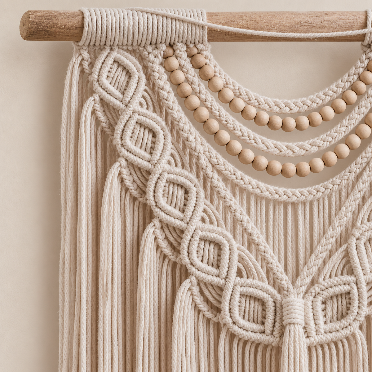 Close view of the wooden bead swags and braided cord on the pale wooden dowel