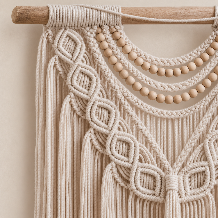 Close view of the wooden bead swags and braided cord on the pale wooden dowel