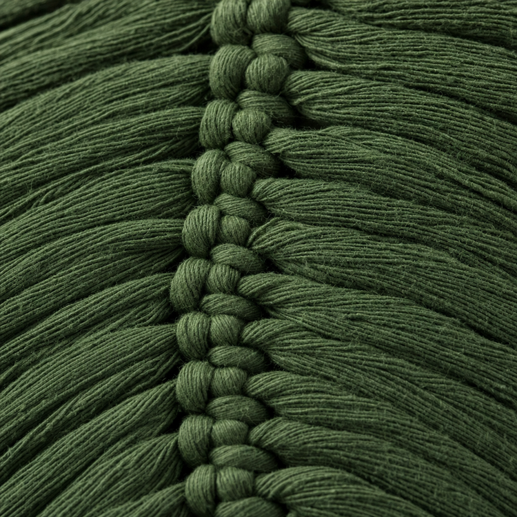 A close-up of dark olive green yarn wound into a skein, showing the texture of the individual threads and a braided center section.