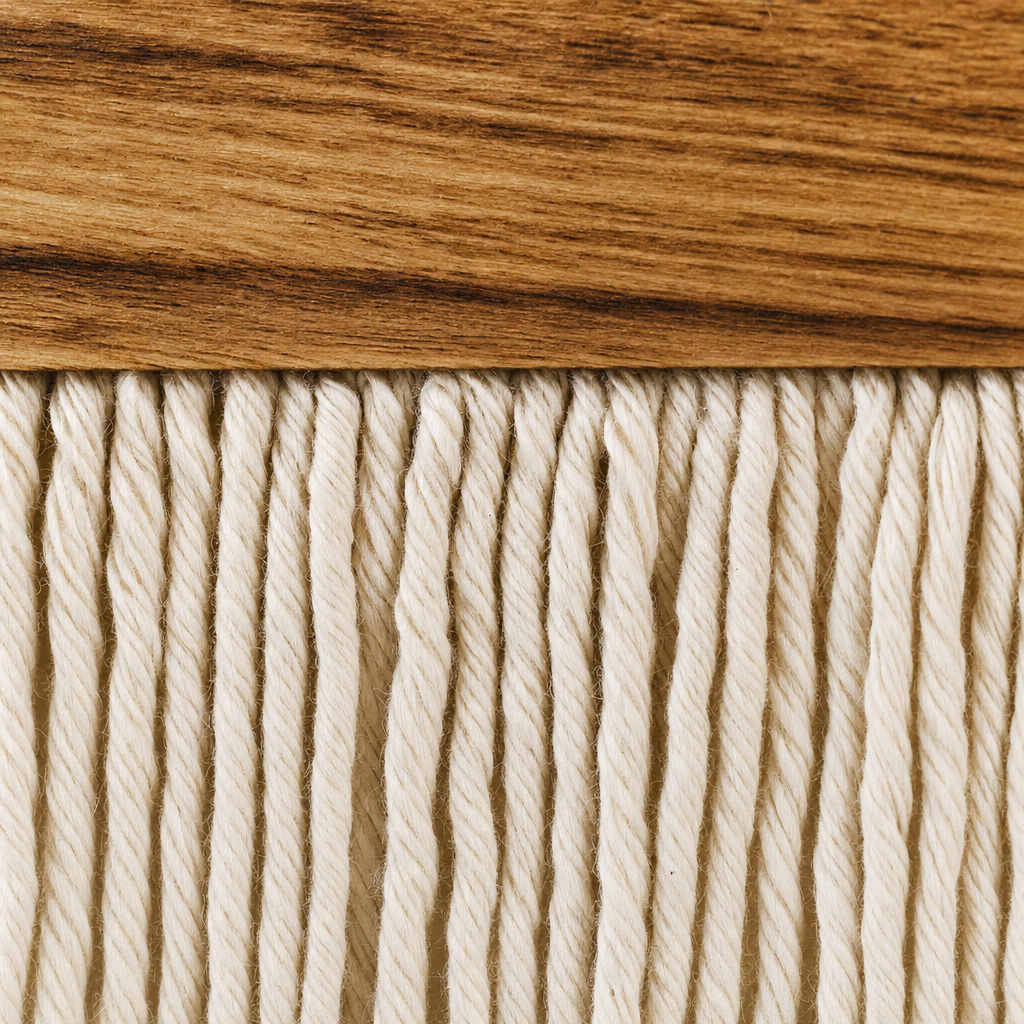 Close view of the cotton cord on the Arched Wood and Fringe Wall Hanging, 30 to 75 cm, showing the twist of each strand