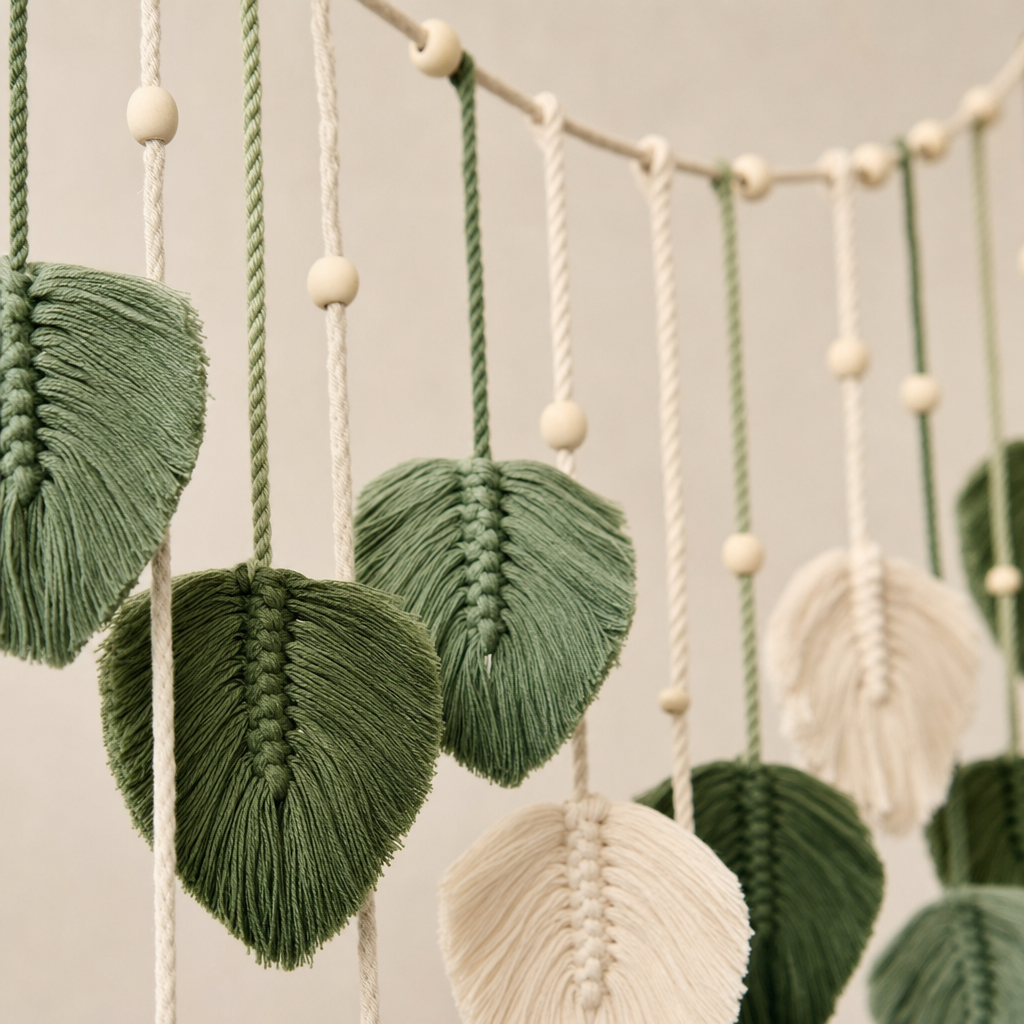 Close view of the cord and knotwork on the Woven Leaf Garland Wall Hanging, Green or Coffee