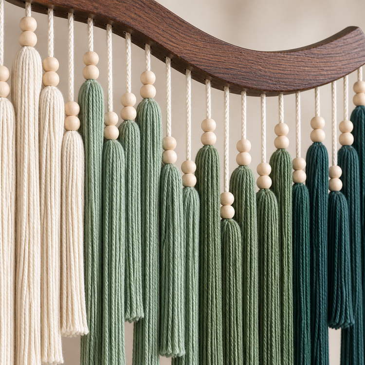 Macro of the green and teal tassels, beads and the wave of the pole