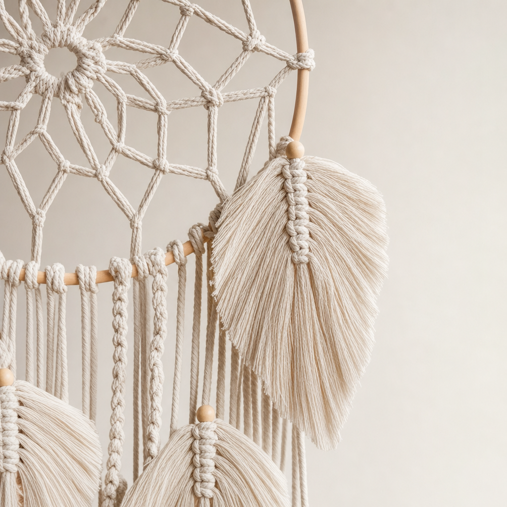 Close view of the cord and knotwork on the Macrame Dream Catcher Wall Hanging, 3 or 5 Leaf Tassels