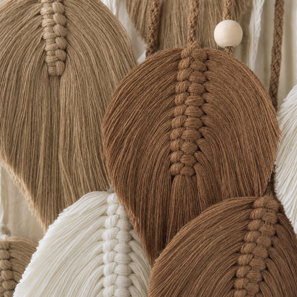 Close view of the cord and knotwork on the Macrame Leaf Wall Hanging, 25 x 60 cm, 2 Colors