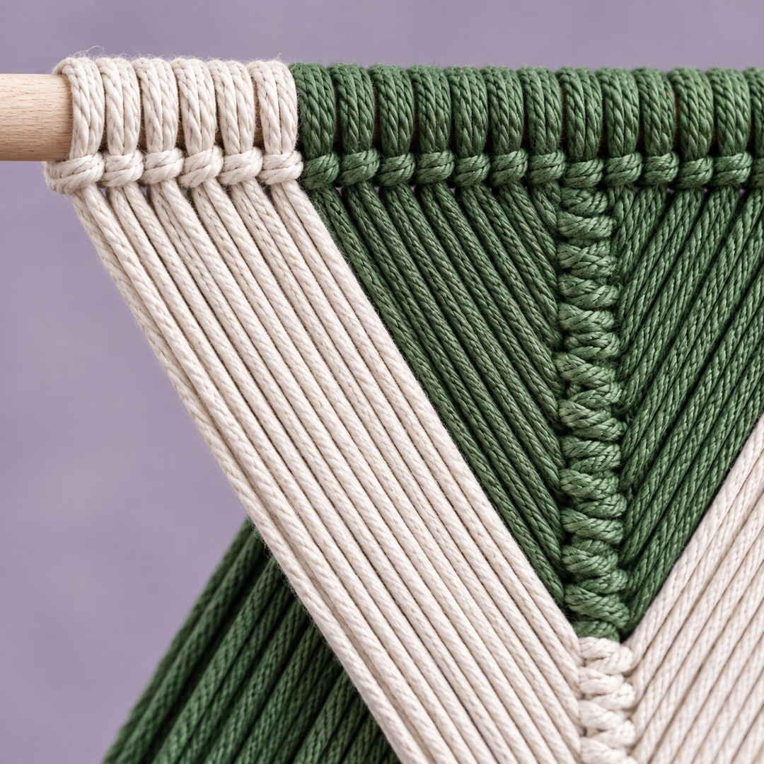 Close view of green and cream cord knots meeting the wooden dowel of the wall hanging