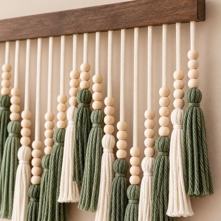 Close view of beaded cords and green and cream combed tassels under the batten