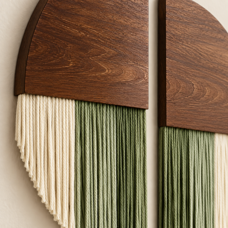 A close-up of a decorative wall hanging with a dark brown wood top and fringe, featuring vertical strands in cream and muted green against a light neutral wall.