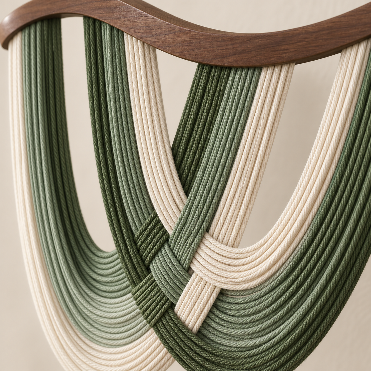 Macro of the arch, the green loops and the cord binding, wave cut wood arch with crossed green swags