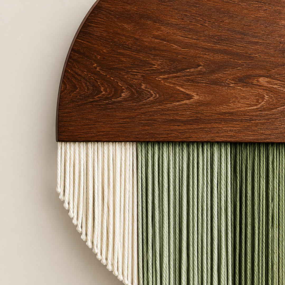 Close view of dark wood grain meeting the cream and green fringe below it