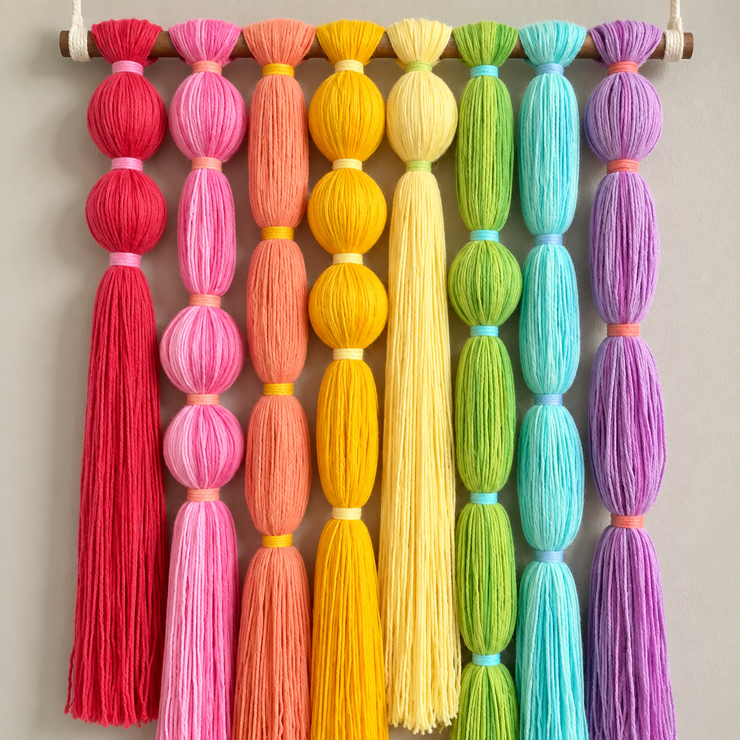 Macro of the wrapped beads and their contrast collars, rainbow tassel wall hanging