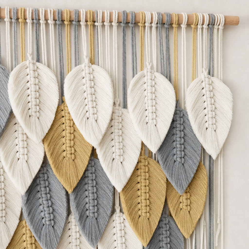 Close view of the cord and knotwork on the Macrame Leaf Wall Hanging, 10, 15 or 21 Leaves