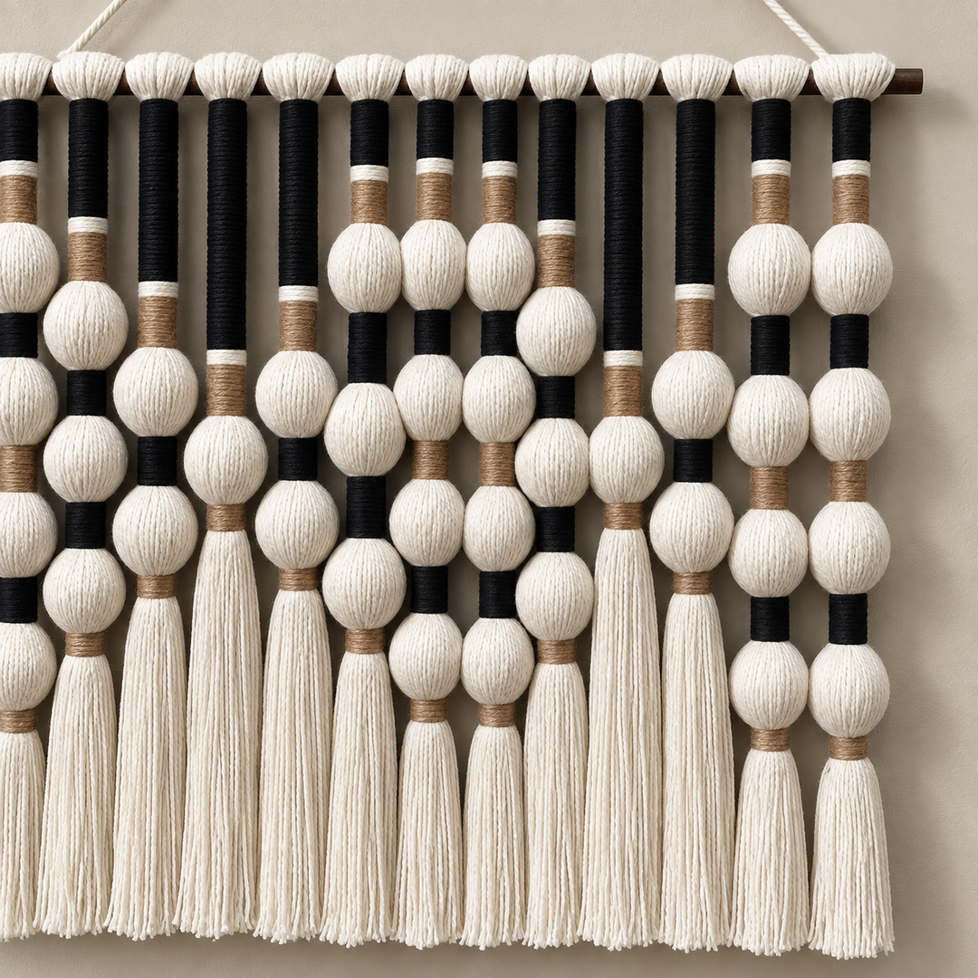 Macro of the black columns, cream spheres and tan collars, bead grid and tassels
