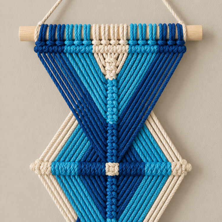 Macro of the blue knotwork and the cream center triangle, wide banner in 5 lengths, 10 styles