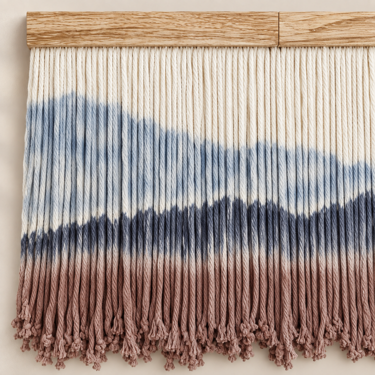Close view of dip dyed cord bands and the small knotted tassels at the hem