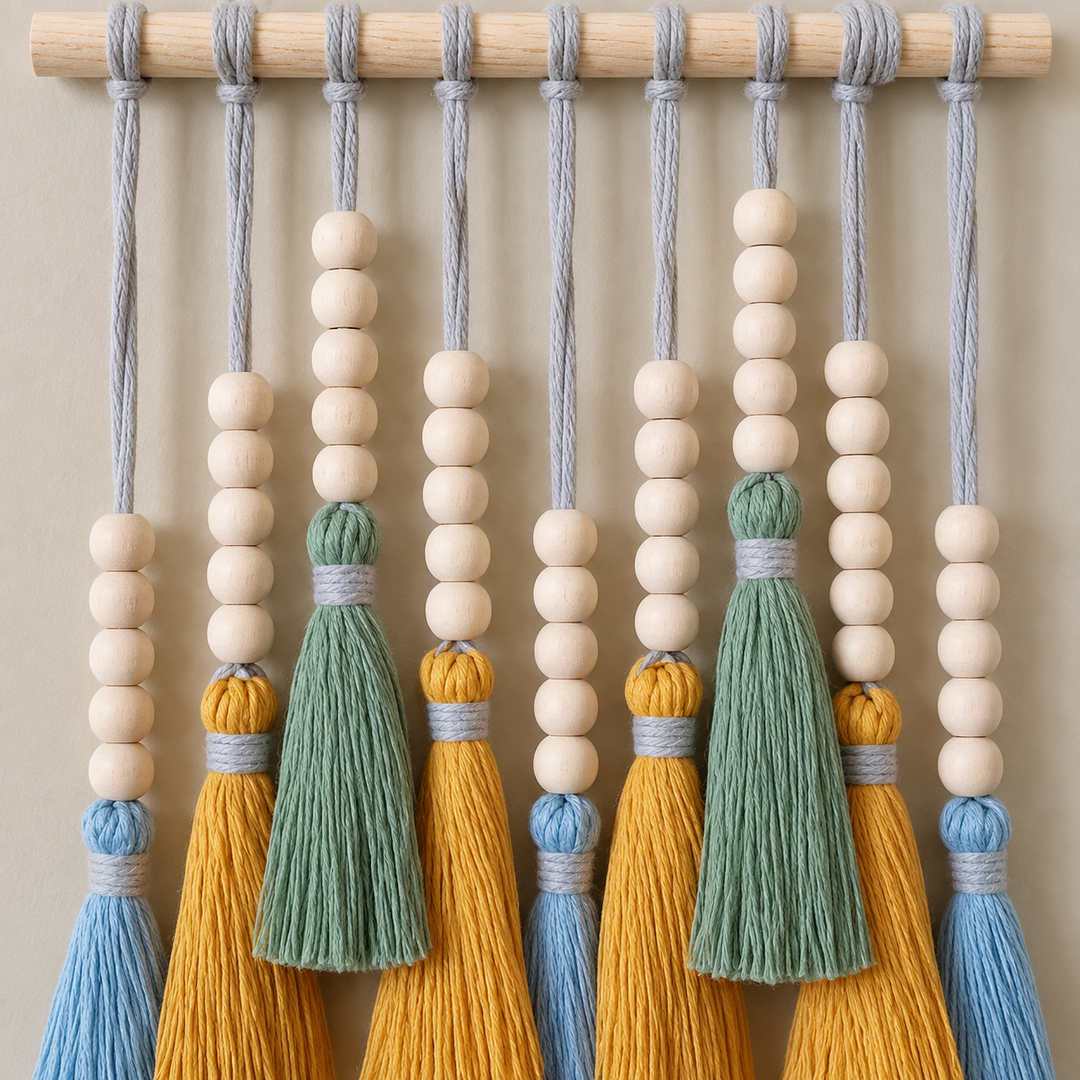 Macro of the bead stacks and the green, mustard and blue tassel heads