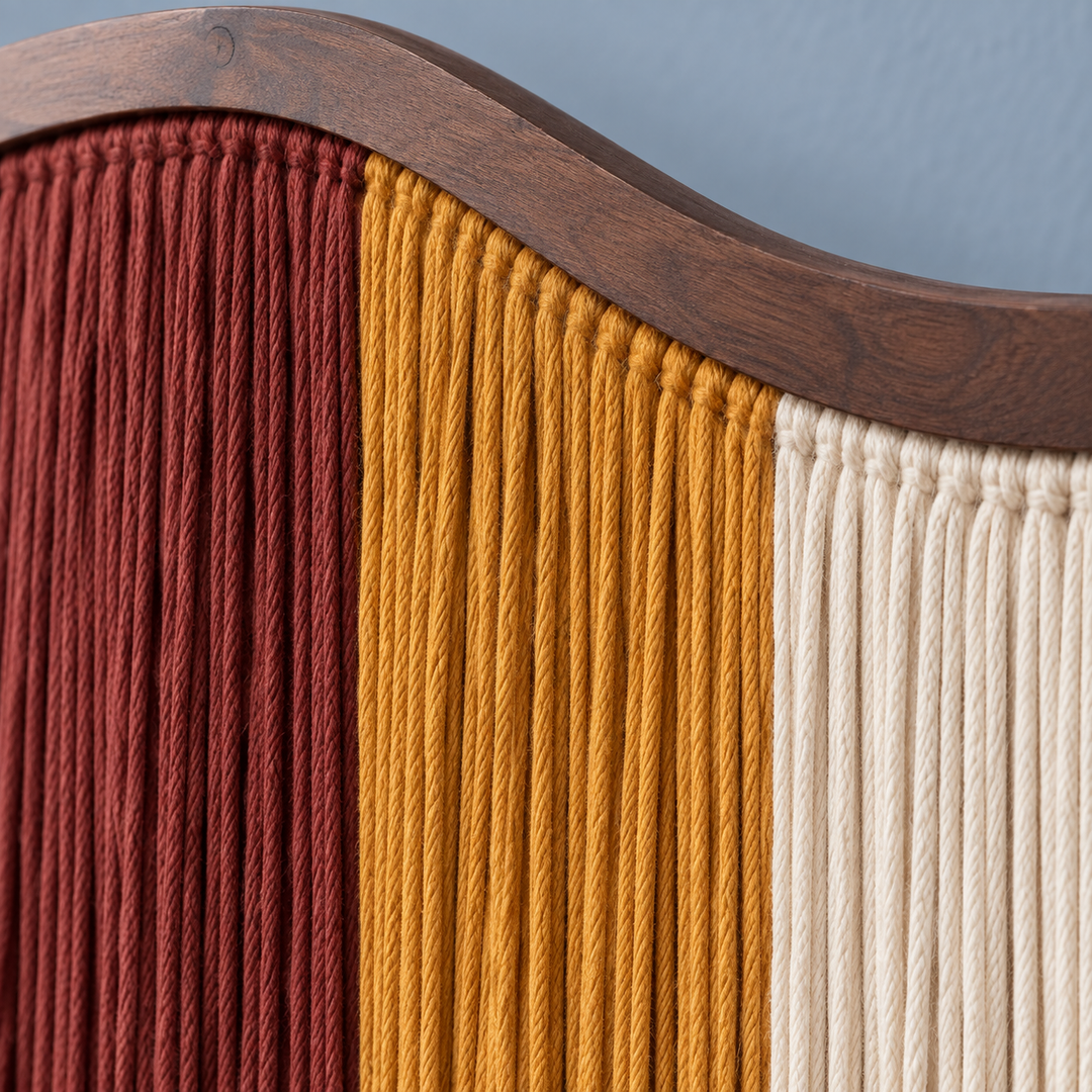 Macro of the wave-cut board over the red, mustard and cream blocks