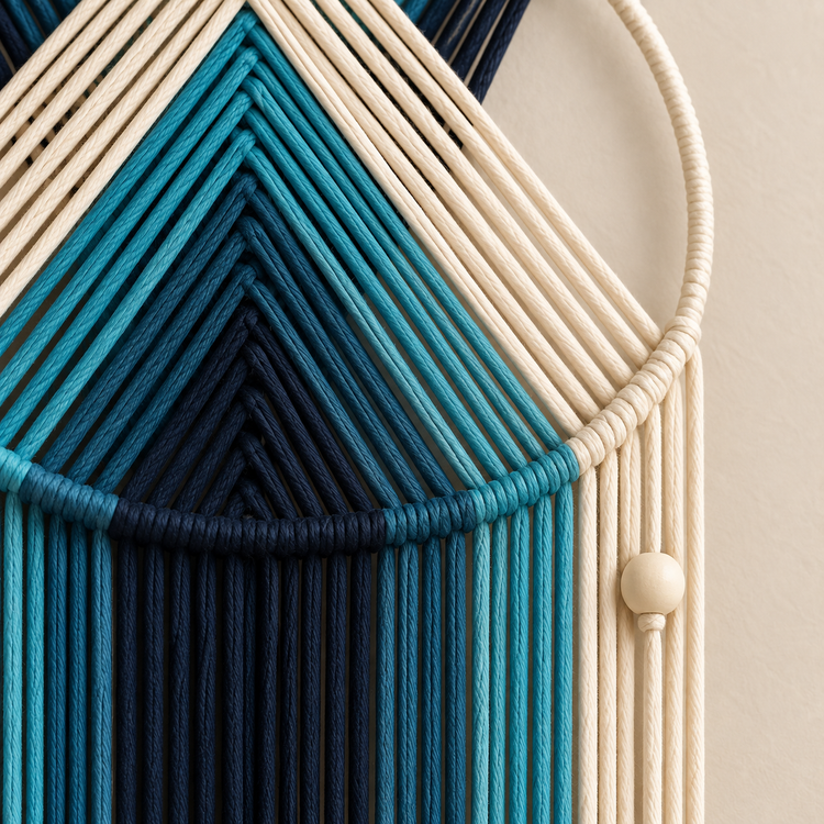 Close view of blue chevron winding over the wooden hoop with a pale bead