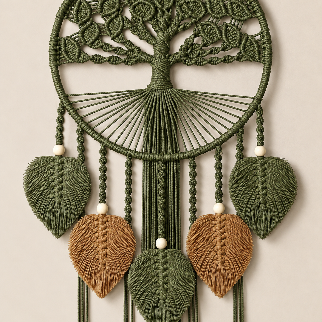 Supplier macro of the green and rust leaves and their beaded cords