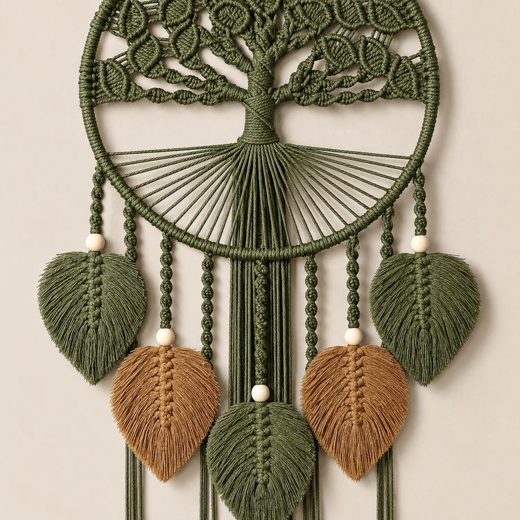 Supplier macro of the green and rust leaves and their beaded cords