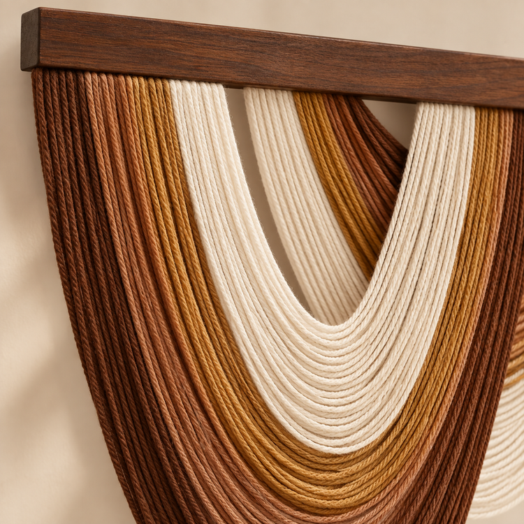 Close view of rust and mustard cord bands looping under the dark wood batten