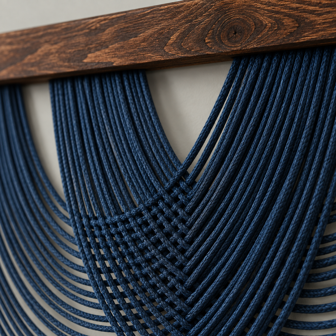 Close view of indigo cord swags crossing into a diamond lattice under the batten