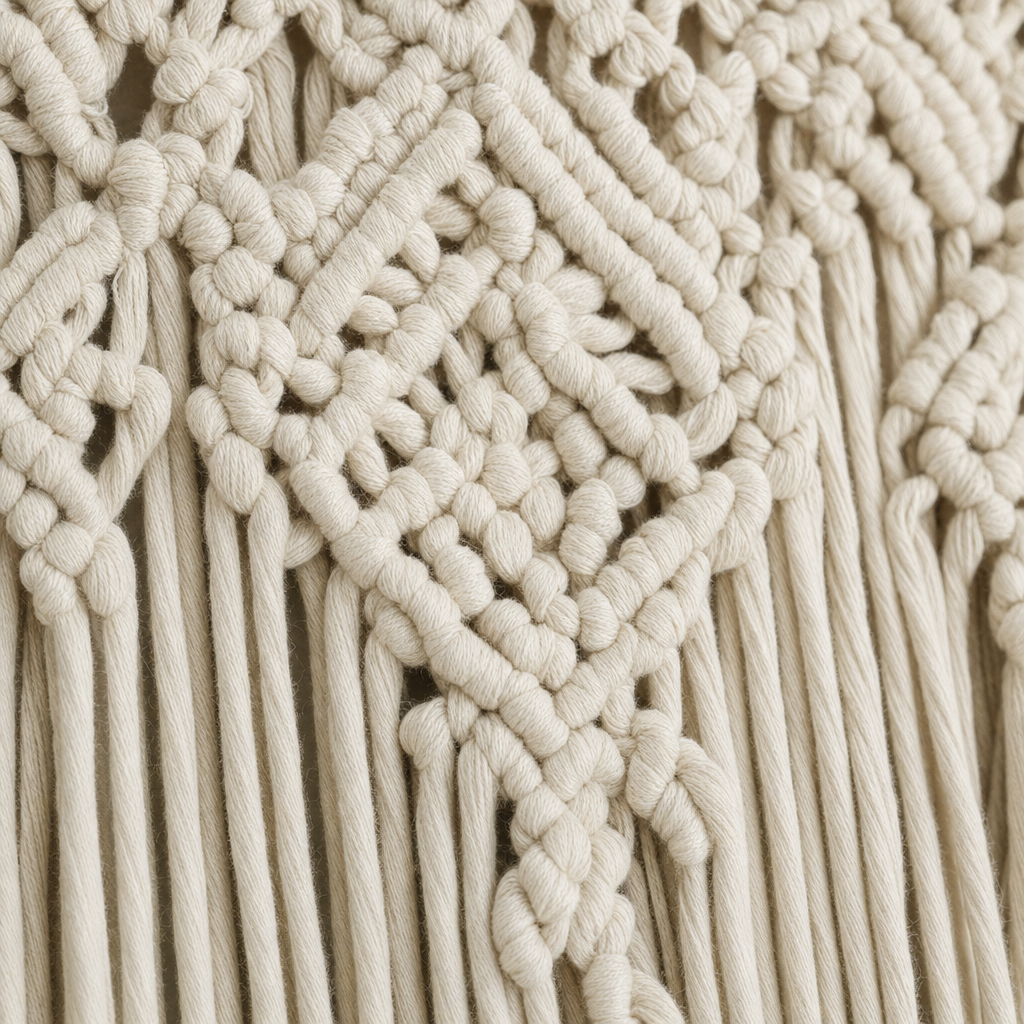 Close view of the cord and knotwork on the Macrame Door Curtain, 2 Patterns, 90 to 150 cm Wide