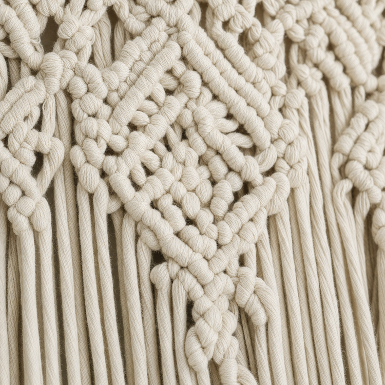 Close-up of a cream-colored macrame wall hanging with intricate woven knots and long fringe threads.
