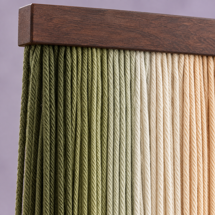 Close view of olive to cream cord bands hanging under a dark stained batten