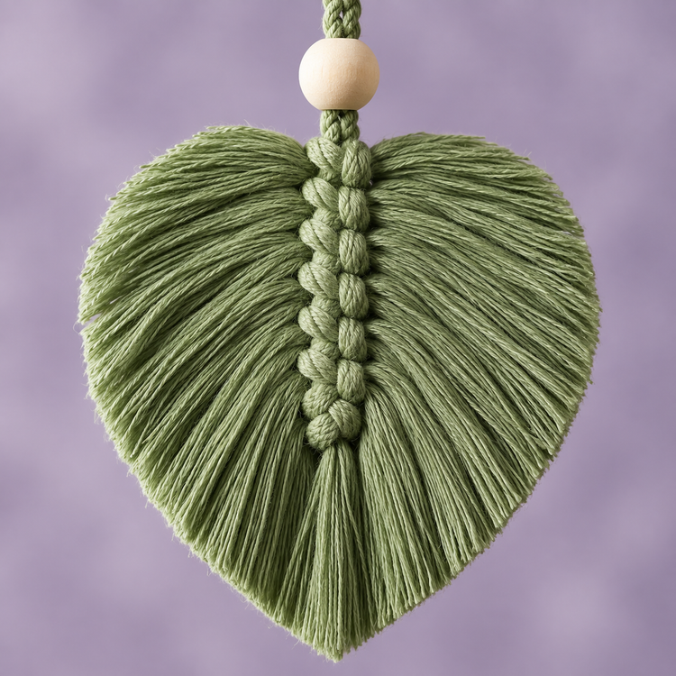 Close view of a single sage macrame leaf and its pale wooden bead on the dropper cord