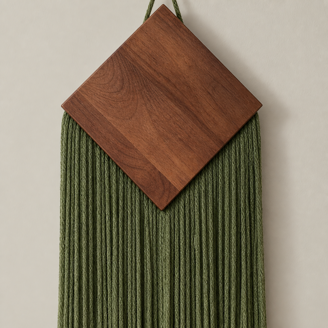 Macro of the wood diamond meeting the green fringe, wood diamond over a narrow chevron fringe
