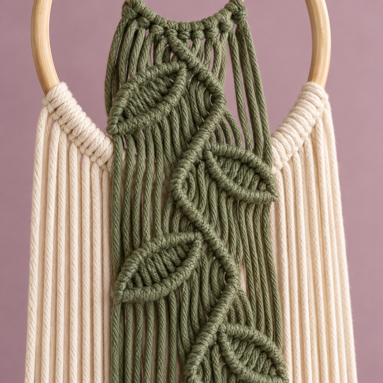 Close view of the green knotted leaf vine over cream cord below the wooden ring