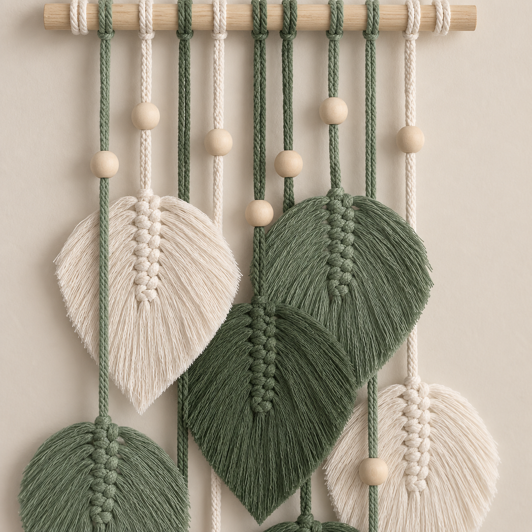 Macro of the cream and green combed leaves and the wooden beads