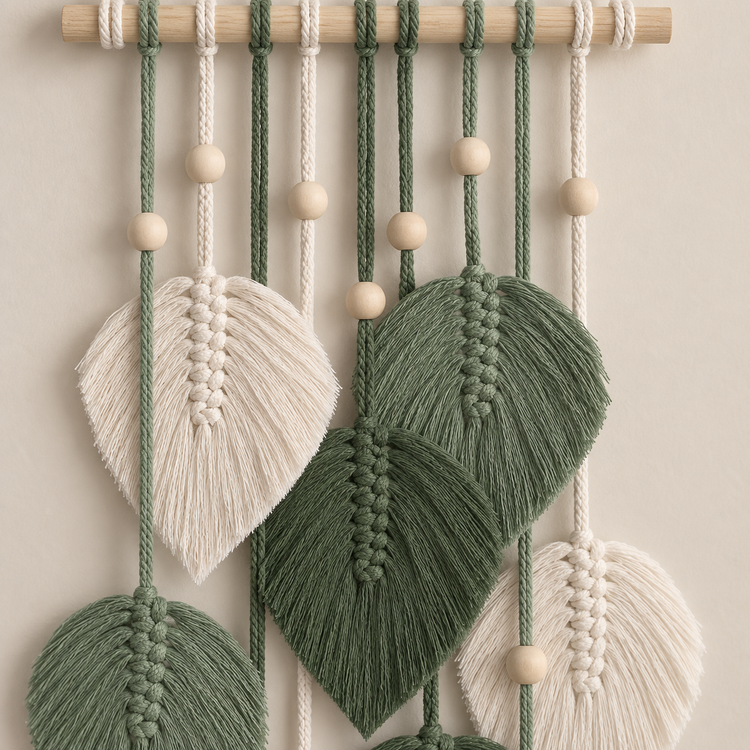 Macro of the cream and green combed leaves and the wooden beads