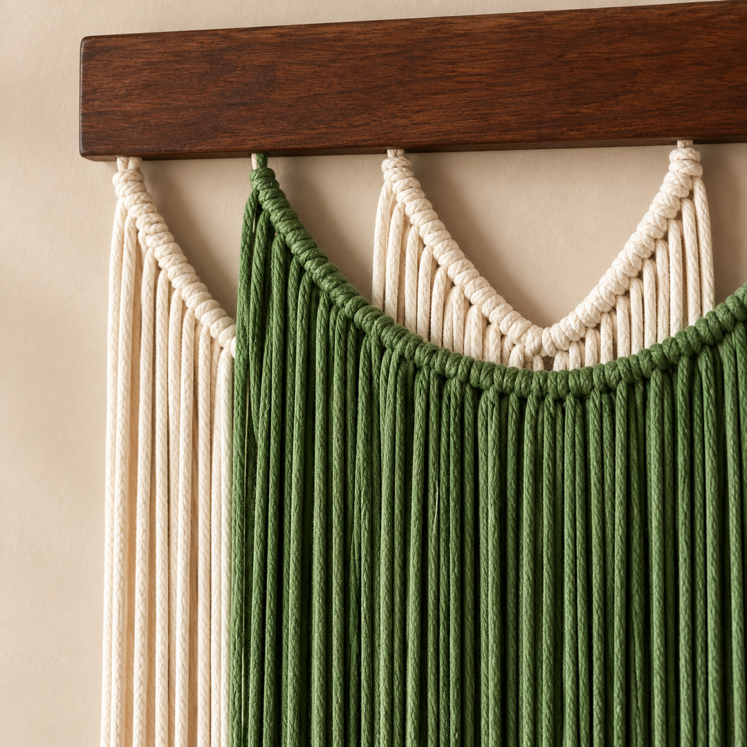 Close view of the chunky knotted V scallops in cream and green at the join