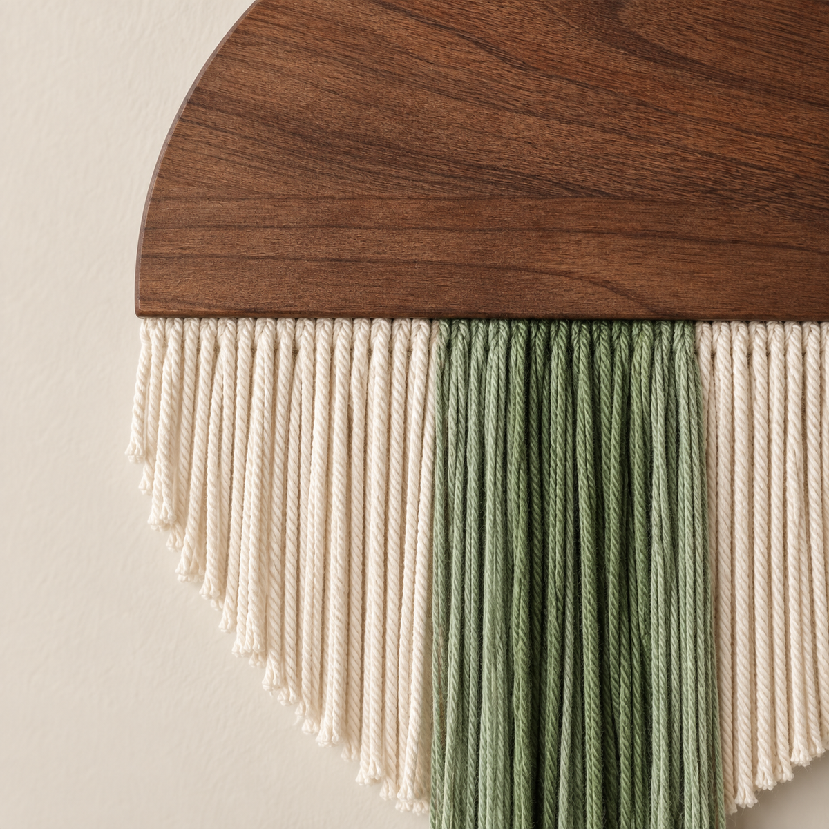 Macro of the wood grain meeting the cream and green fringe, 40 x 40 or 40 x 50 cm wood and fringe disc