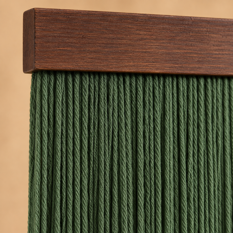 Close view of deep green twisted rope cord hanging under the dark stained batten
