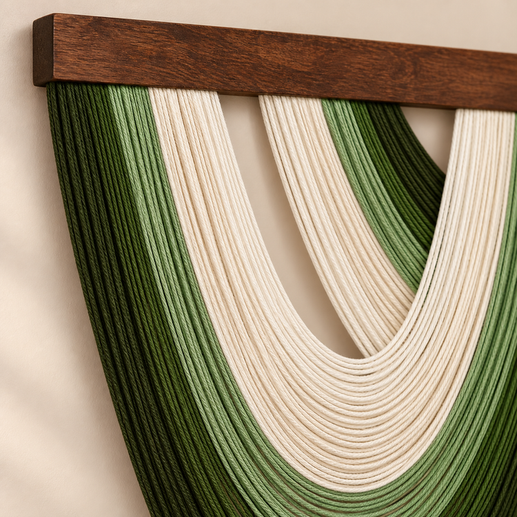 Close view of green and cream looped cord meeting the dark stained batten