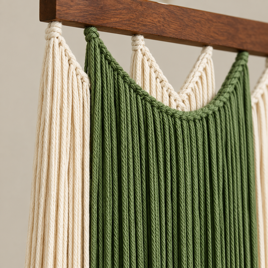Close view of green and cream cords and the knotted V scallops at the join