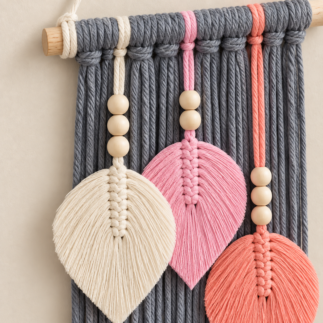 Macro of the Gray dowel, beads and three leaves, macrame leaf trio