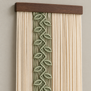 Macro of the green knotted leaf vine on cream cord, knotted leaf vine panel, single or pair