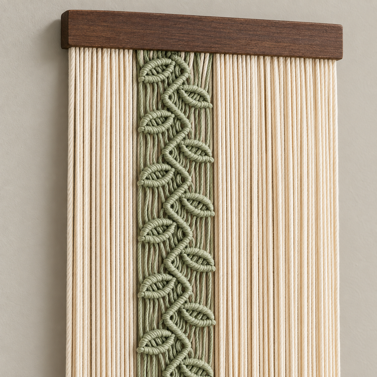 Macro of the green knotted leaf vine on cream cord, knotted leaf vine panel, single or pair