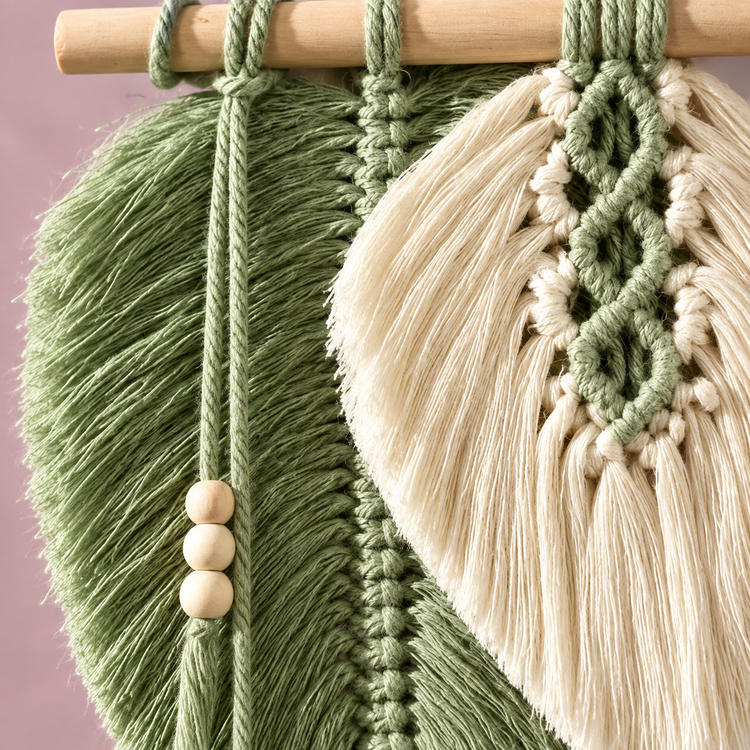 Close view of sage and cream leaves, the knotted spine and the wooden beads