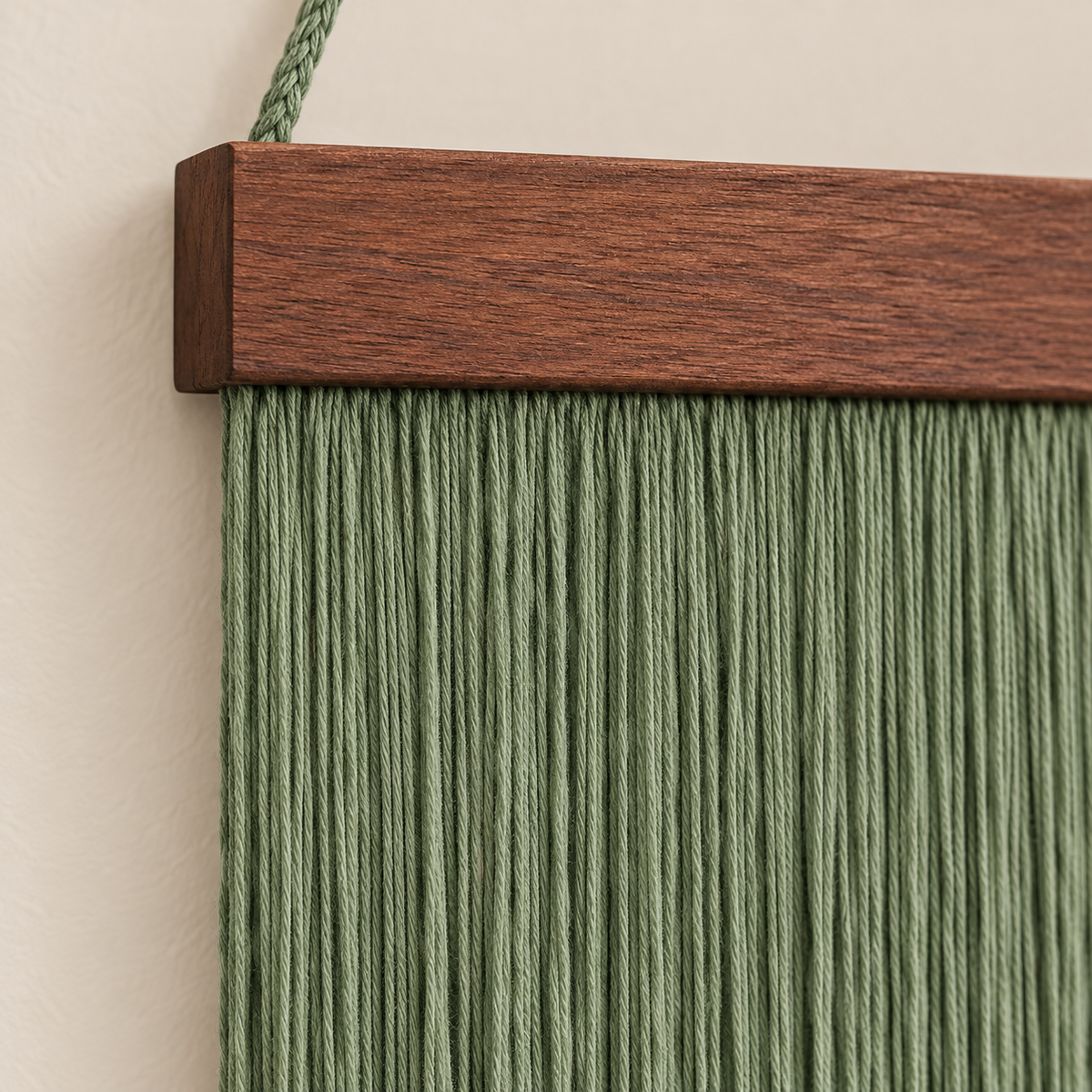Close view of fine sage cord hanging under the chunky dark stained batten