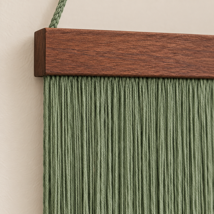 Close view of fine sage cord hanging under the chunky dark stained batten