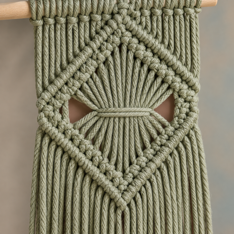 Close view of sage diamond and fan knotwork with a rust accent at the center
